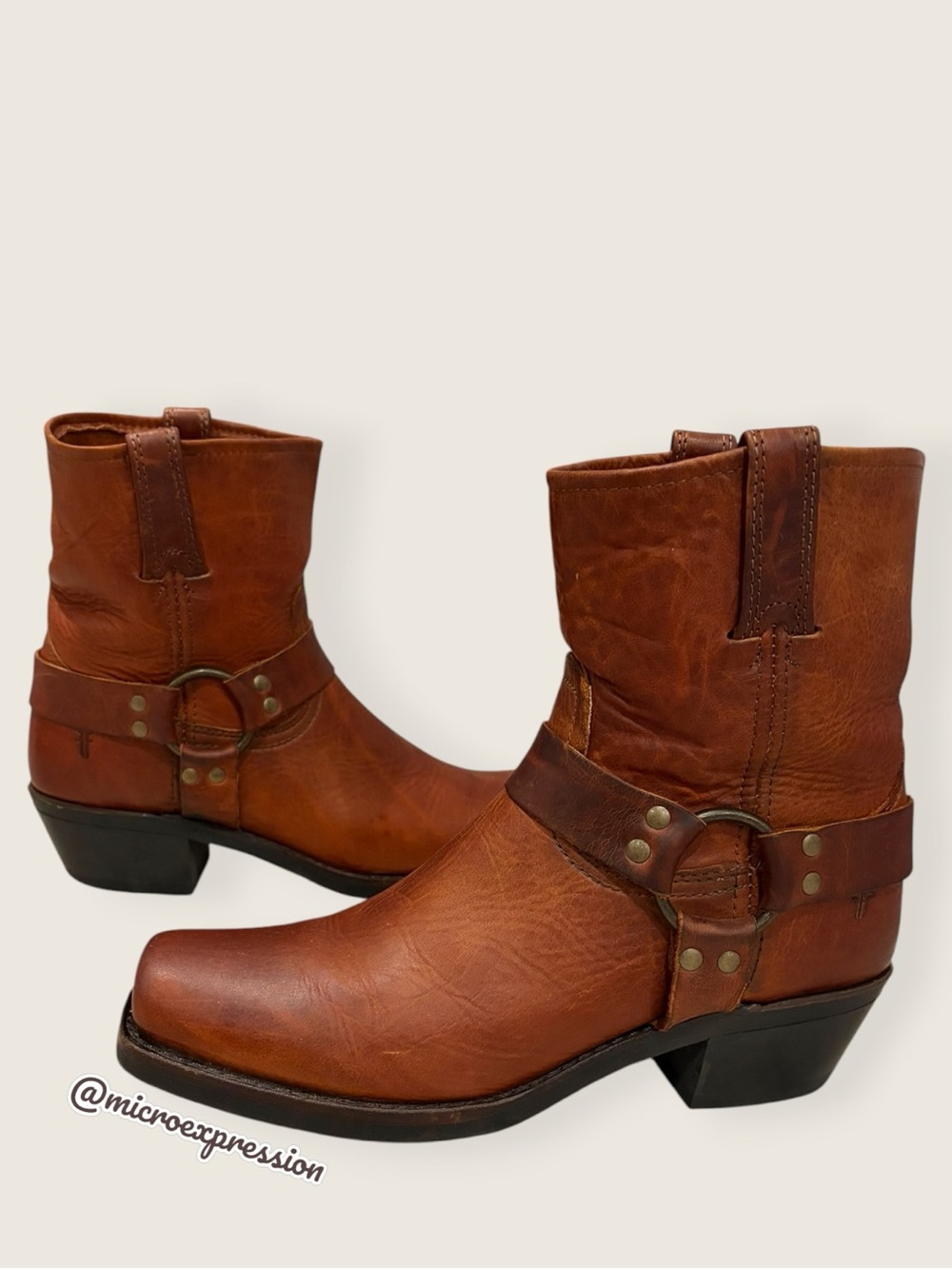 $399 Frye Harness 8R Cognac Brown Real Leather Distressed Cowboy Calf Ankle Boot